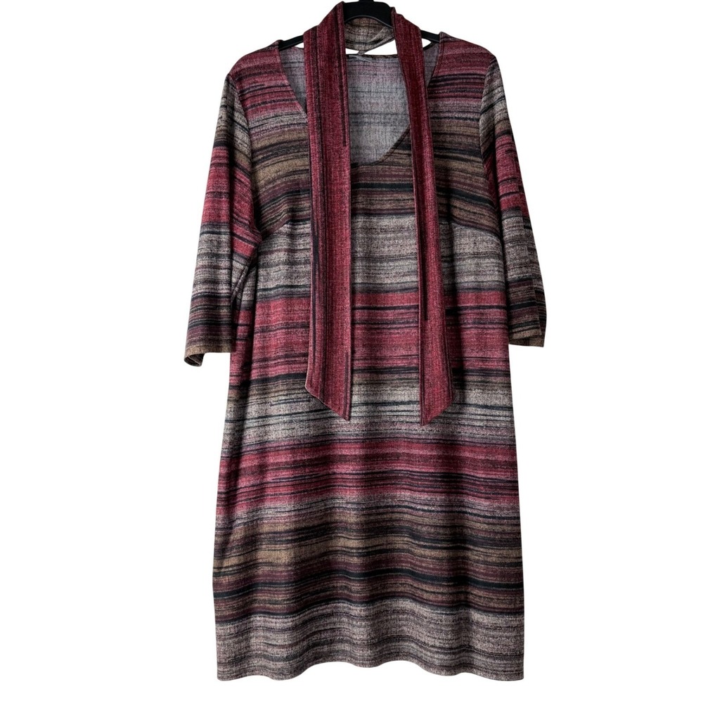 Women's Scarf Dress Boho Church Striped Earthy 3/4 Sleeve 26/28 Burgundy Brown
